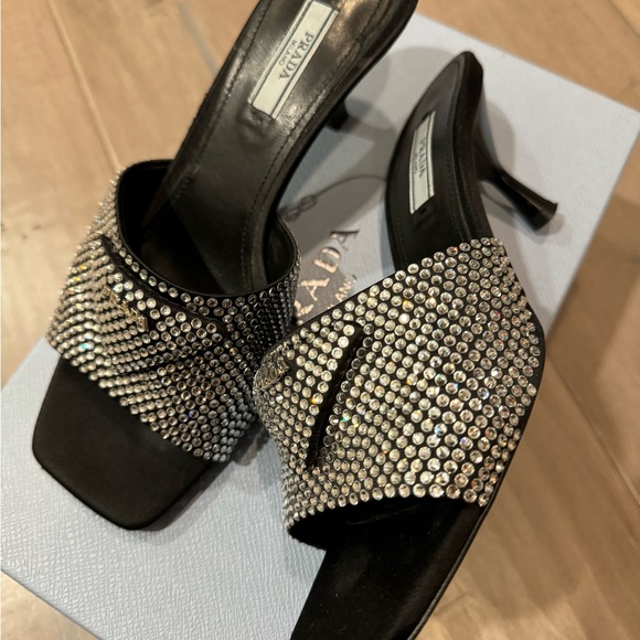 Prada - Satin Crystal Logo 65 mm Slide Sandal- Color: Black- Size: 37.5 - Picture 8 of 11